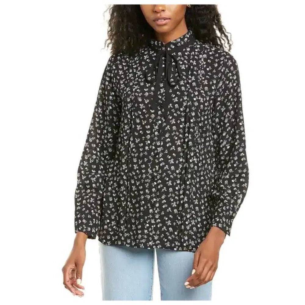 CeCe Ditsy Etching Tie Neck Blouse